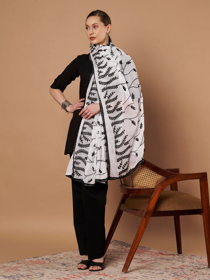 Pure Cotton Embroidery Leaf Dupatta for Women | White - view 5