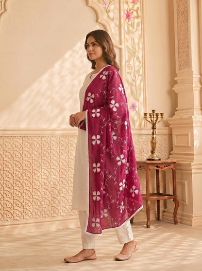 Pure Cotton Floral Embroidery Dupatta for Women | Pink - view 4
