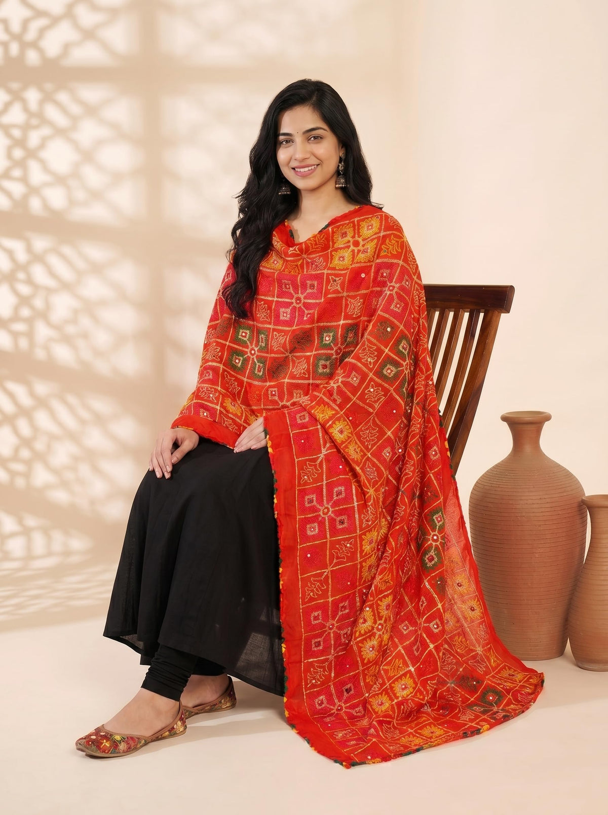 Pure Cotton Phulkari Embroidered Dupatta for Women | Red - view 5