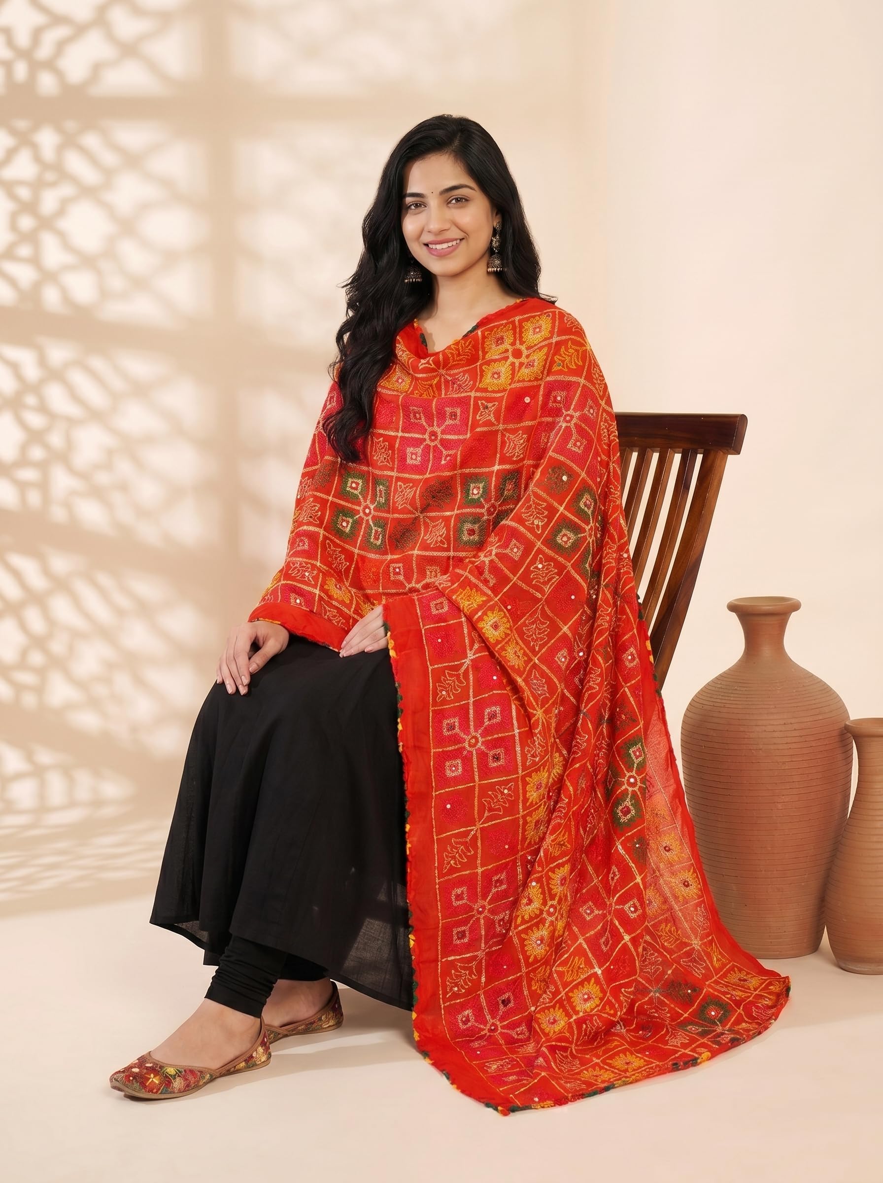 Pure Cotton Phulkari Embroidered Dupatta for Women | Red - view 5