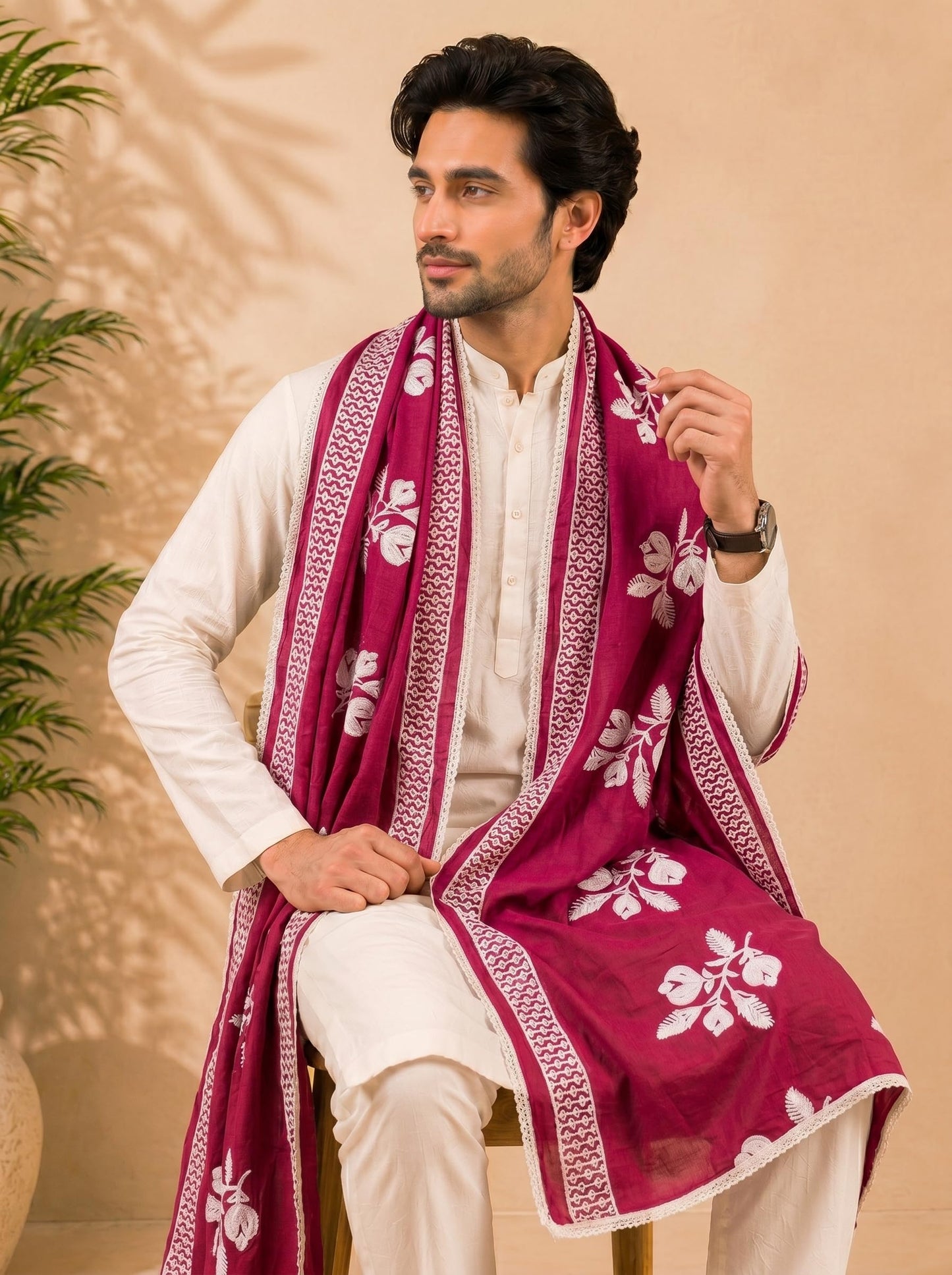 Pure Cotton Floral Embroidered Dupatta for Men | Pink - view 4