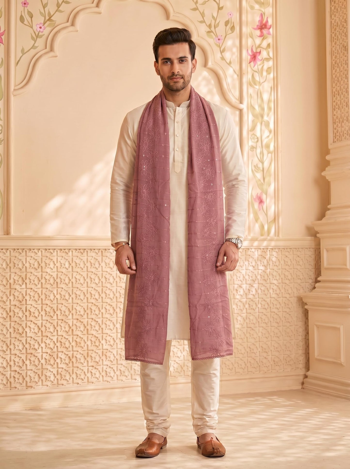 Floral Self Embroidered Chanderi Cotton Dupatta for Men | Dusty Pink - view 4