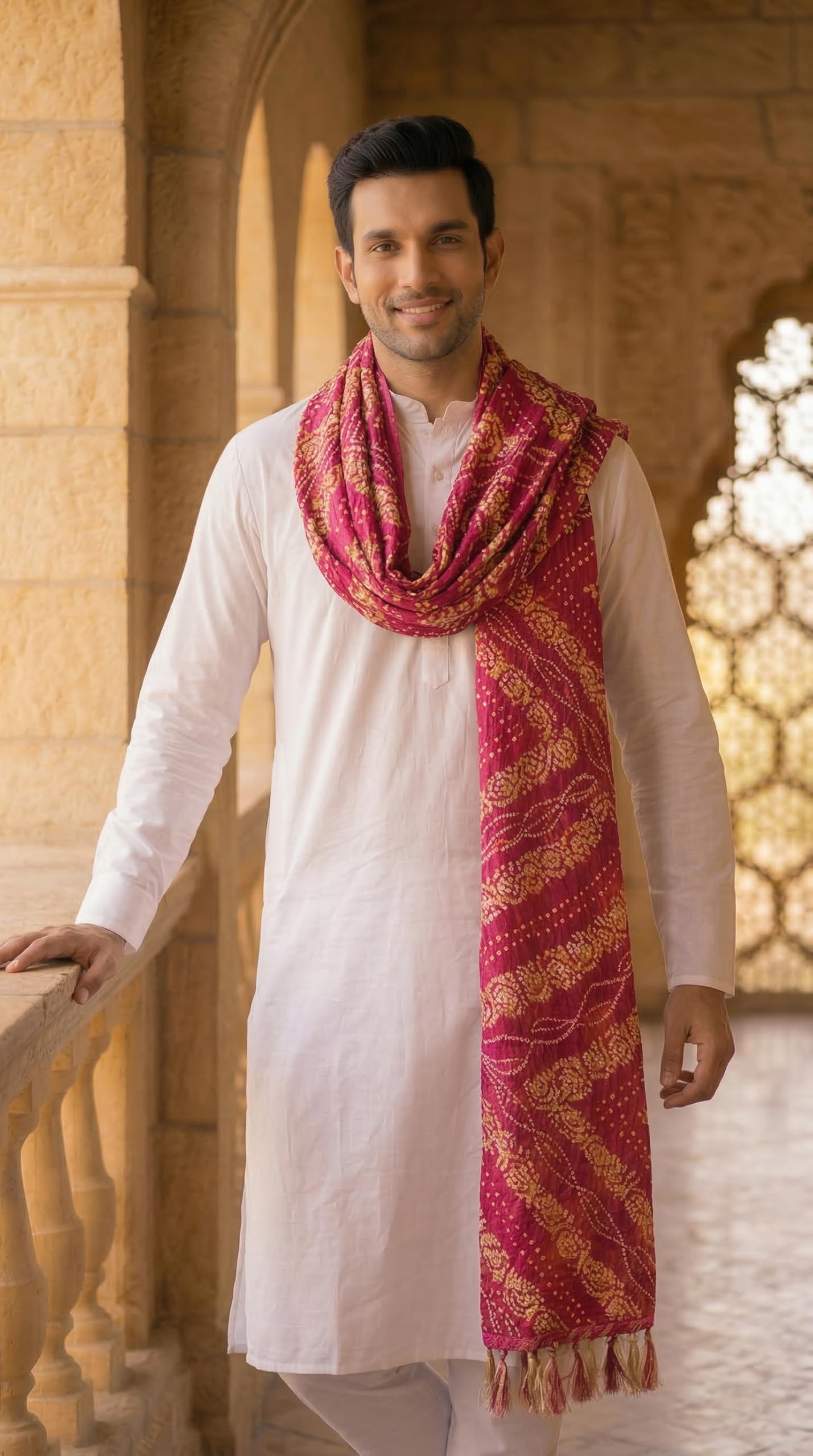 Chinnon Bandhani Dupatta for Men | Pink - view 4