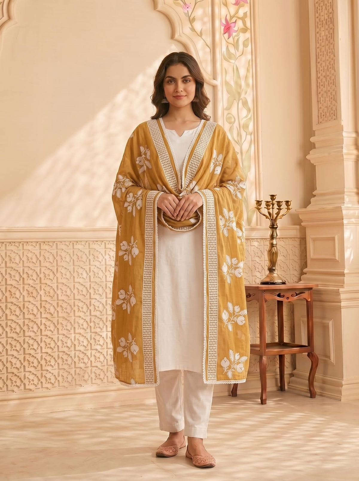 Pure Cotton Floral Embroidered Dupatta for Women | Sand Beige - view 2