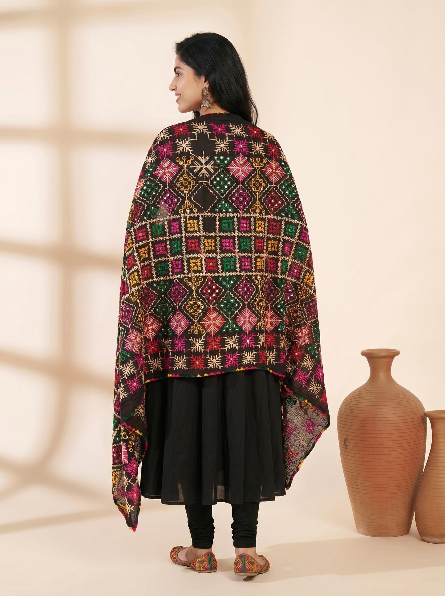 Pure Cotton Phulkari Embroidered Dupatta for Women | Black - view 3
