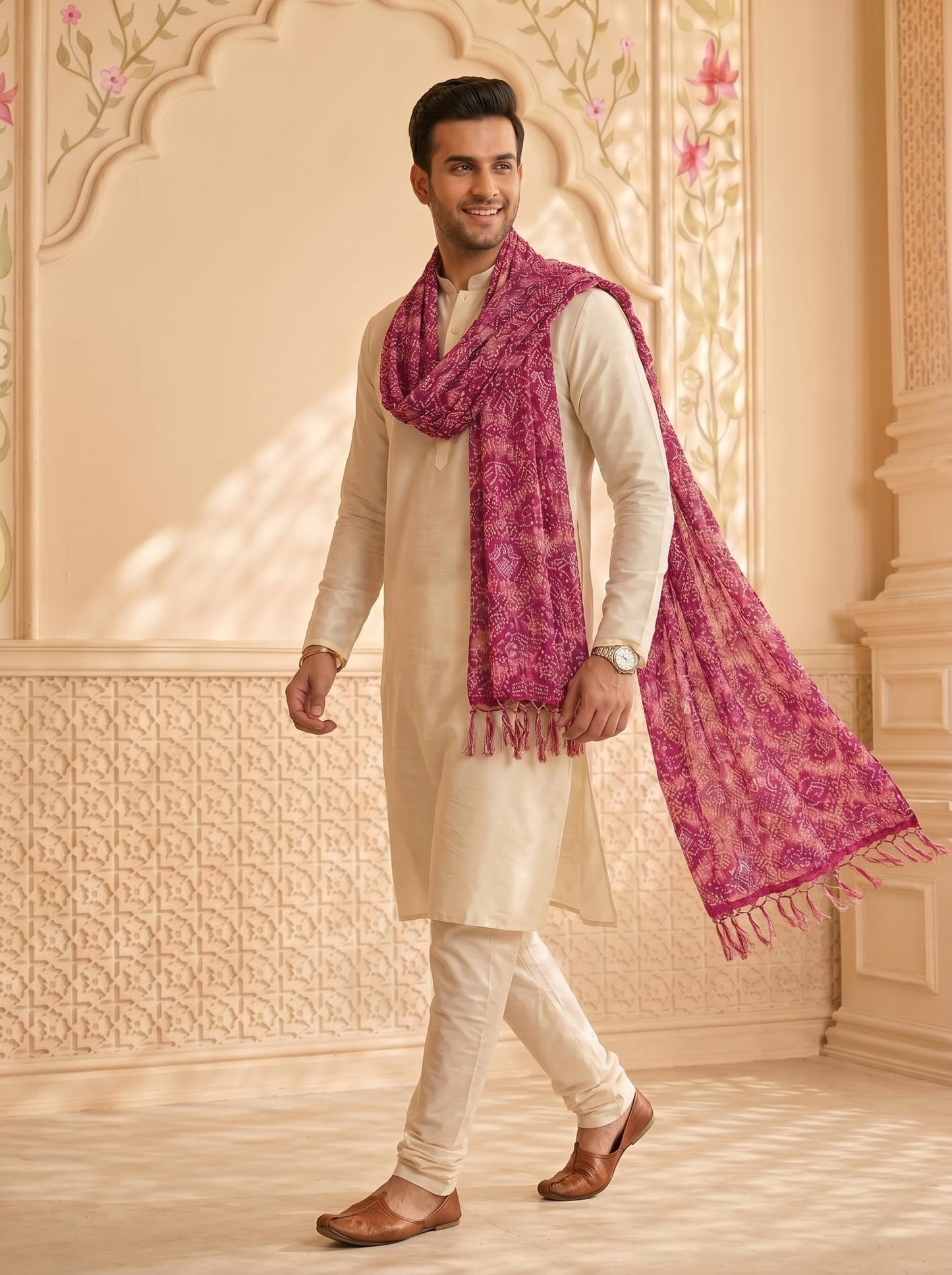 Chinnon Bandhani Dupatta for Men | Purple Pink - view 5