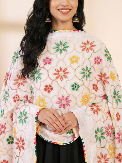 Pure Cotton Phulkari Embroidered Dupatta for Women | White - view 6