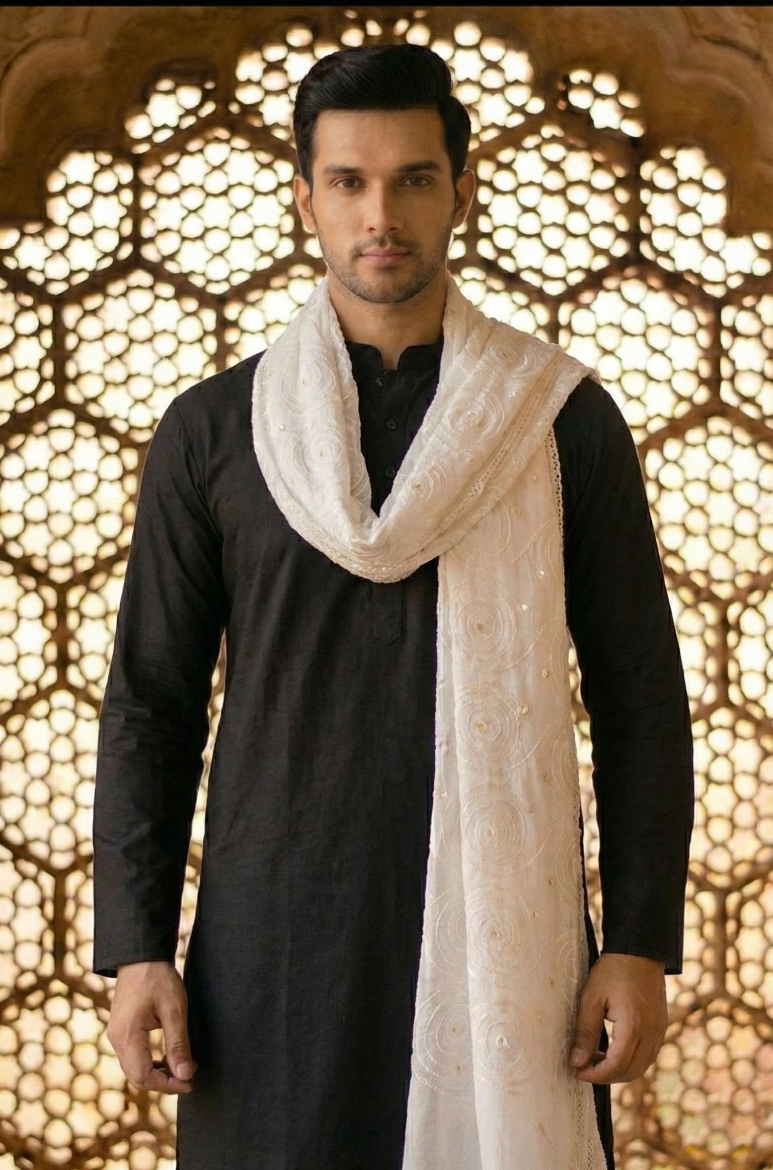 Pure Cotton Ethnic Dupatta for Men | White - view 3