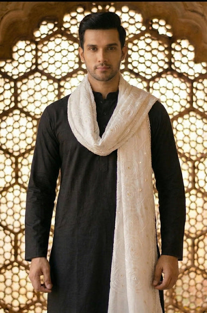 Pure Cotton Ethnic Dupatta for Men | White - view 3