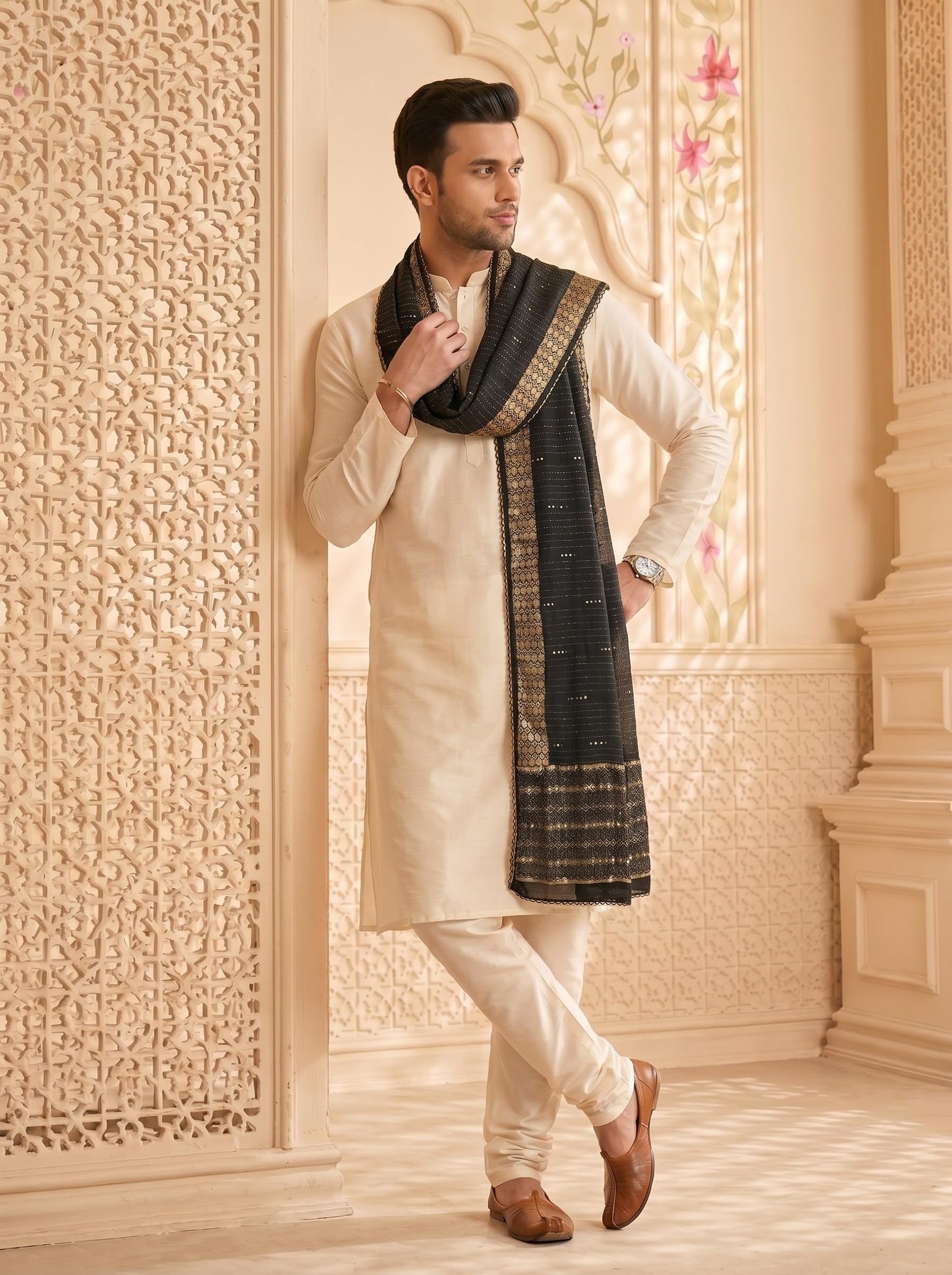 Zari Woven Chanderi Cotton Dupatta for Men | Black