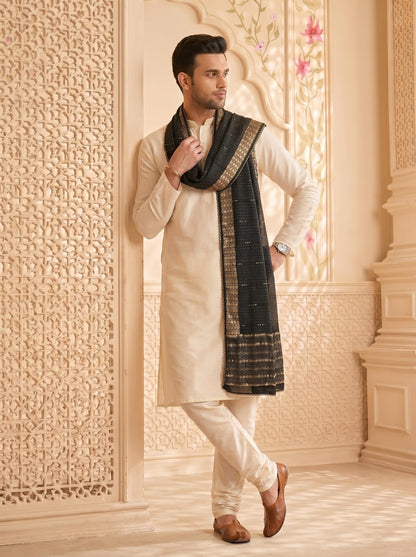 Zari Woven Chanderi Cotton Dupatta for Men | Black