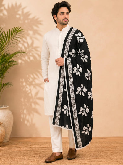 Pure Cotton Floral Embroidered Dupatta for Men | Black - view 4