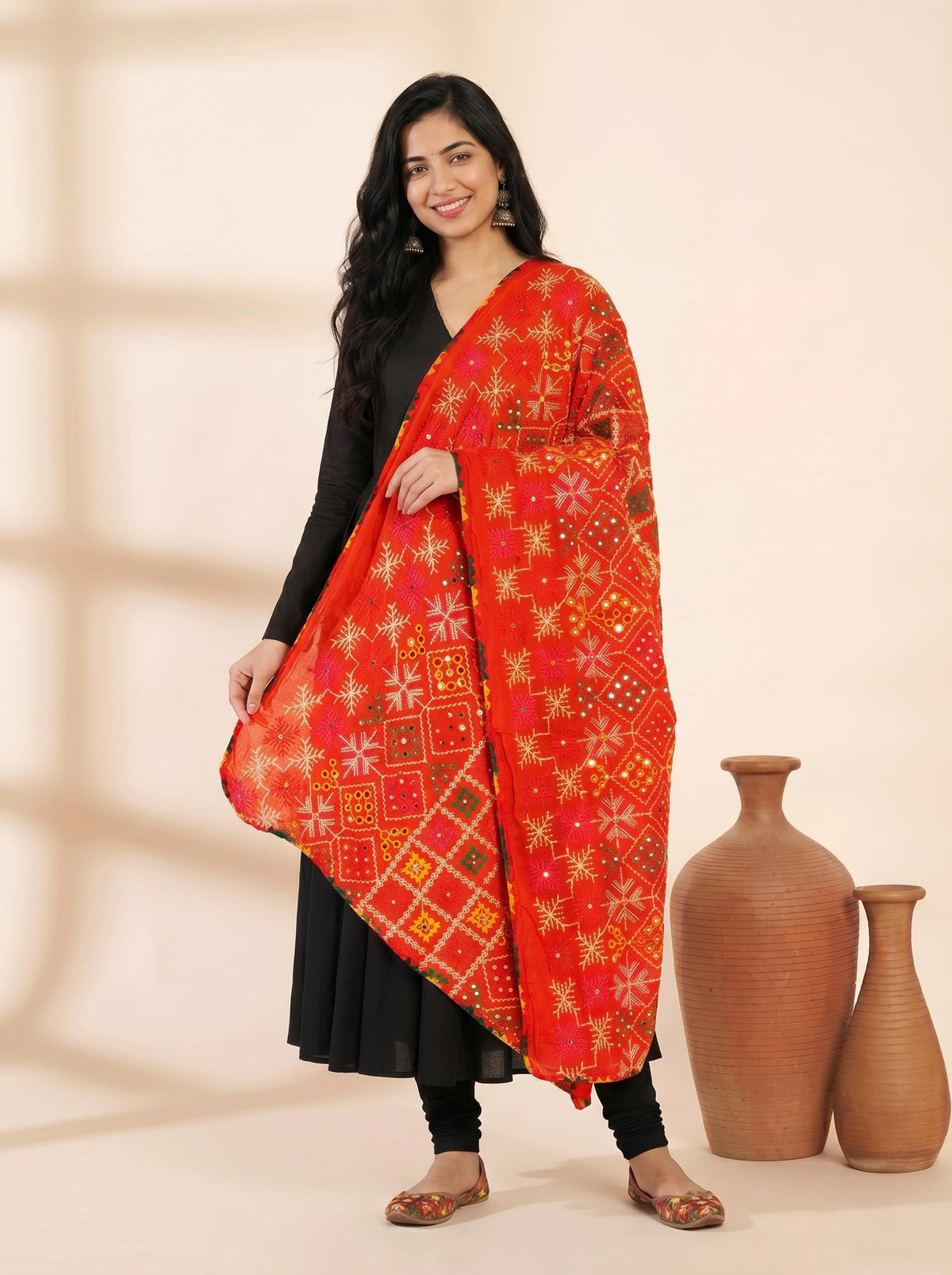 Pure Cotton Phulkari Embroidered Dupatta for Women | Red - view 2