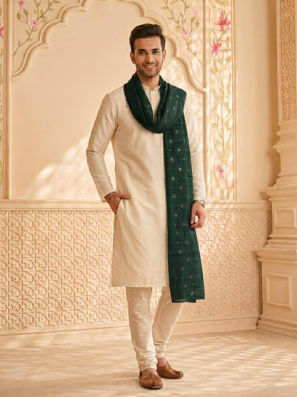 Floral Self Embroidered Chanderi Cotton Dupatta for Men | Bottle Green - view 5