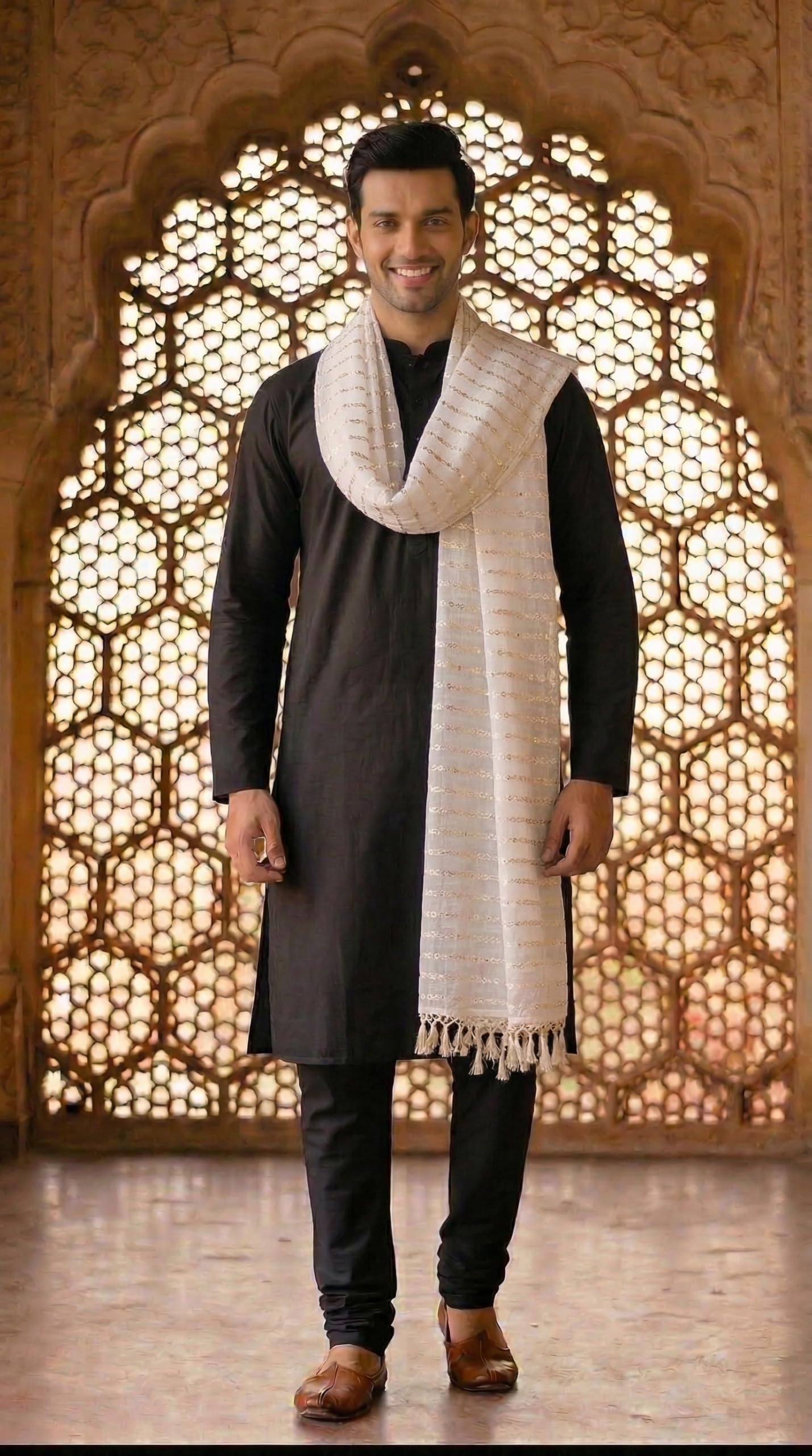 Pure Cotton Embroidered Dupatta for Men with Sequin | White - view 3