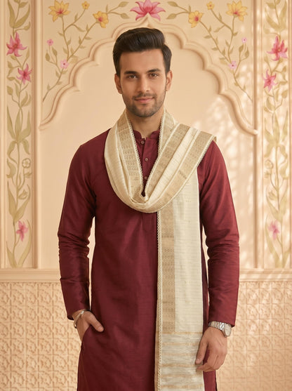 Zari Woven Chanderi Cotton Dupatta for Men | Off White - view 3