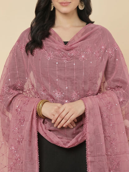 Floral Self Embroidered Chanderi Cotton Dupatta for Women | Dusty Pink - view 5