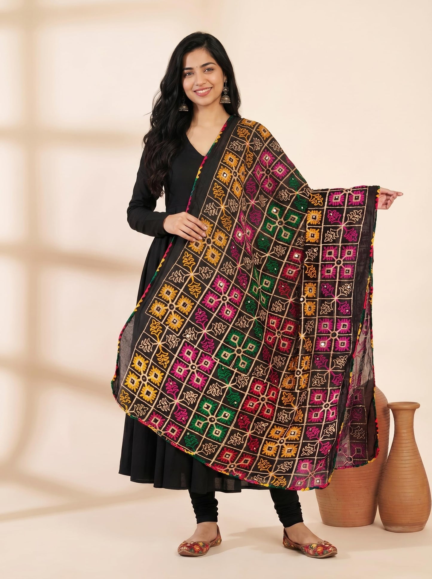 Pure Cotton Phulkari Embroidered Dupatta for Women | Black