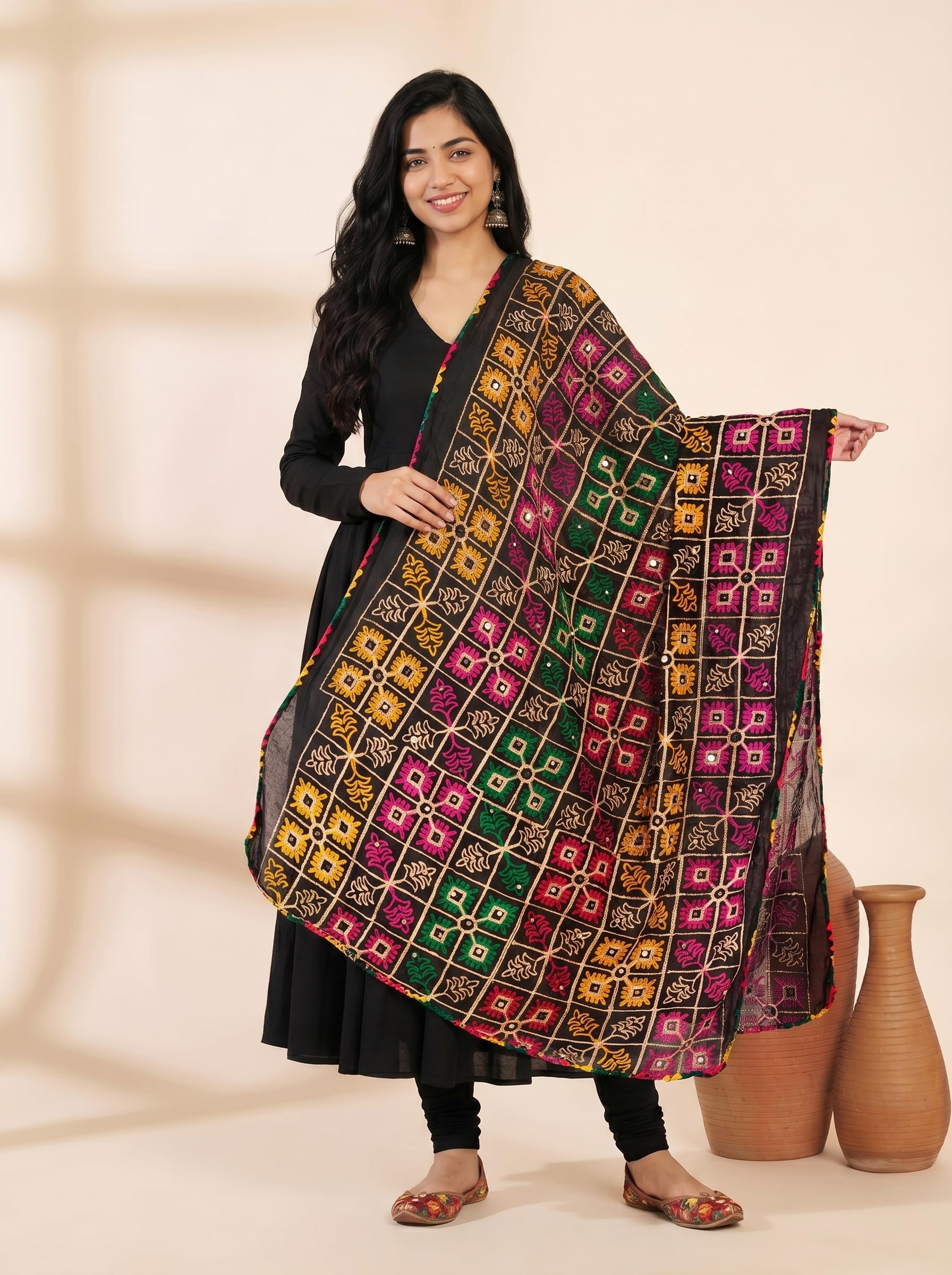 Pure Cotton Phulkari Embroidered Dupatta for Women | Black