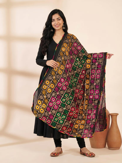Pure Cotton Phulkari Embroidered Dupatta for Women | Black