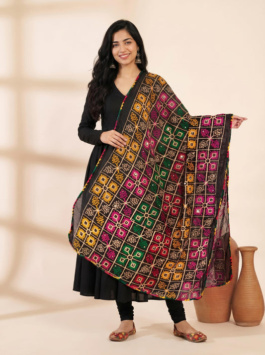 Pure Cotton Phulkari Embroidered Dupatta for Women | Black