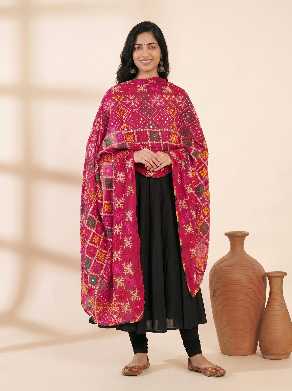 Pure Cotton Phulkari Embroidered Dupatta for Women | Pink - view 2
