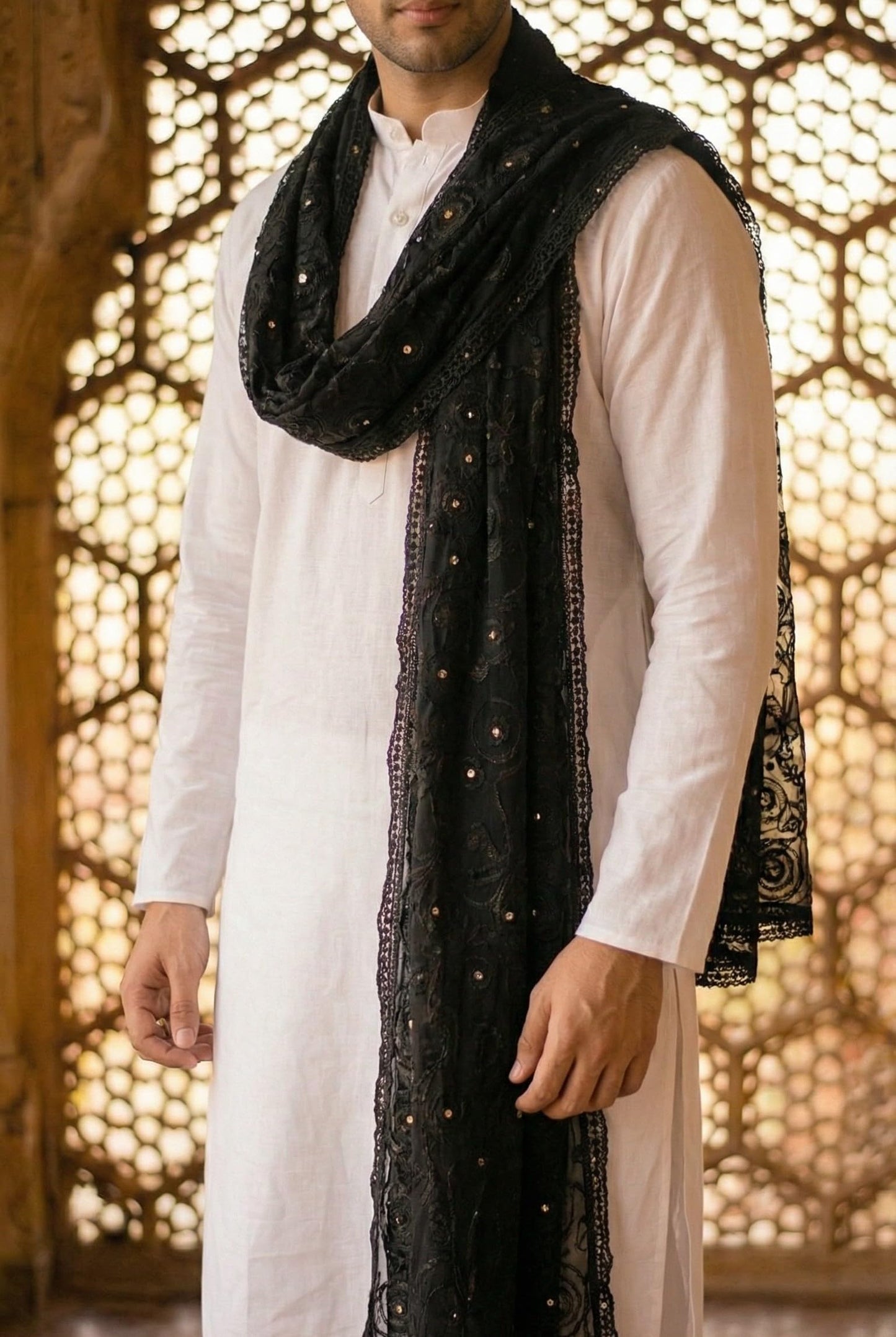 Pure Cotton Ethnic Dupatta for Men | Black - view 3