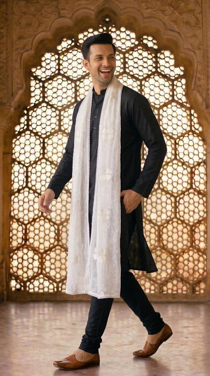 Pure Cotton Self Embroidery Dupatta for Men | White - view 3