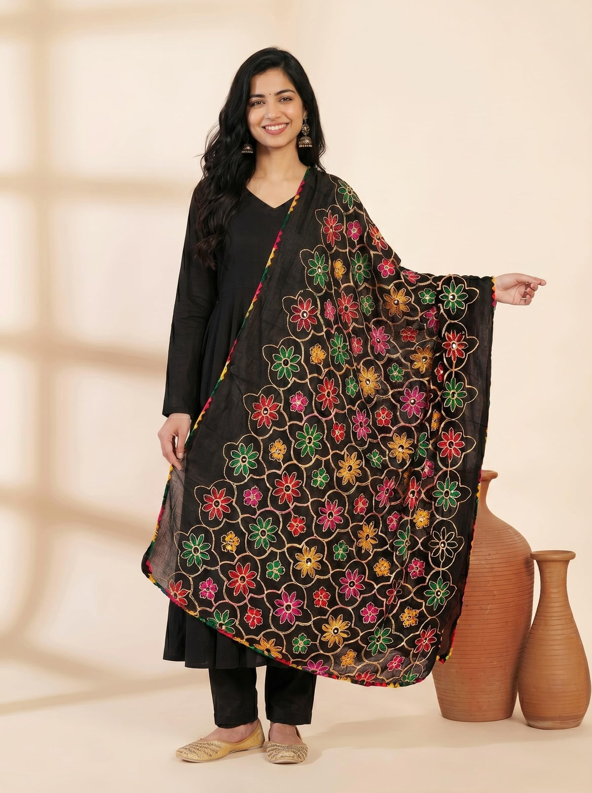 Pure Cotton Phulkari Embroidered Dupatta for Women | Black