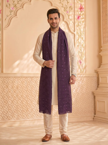 Floral Self Embroidered Chanderi Cotton Dupatta for Men | Purple