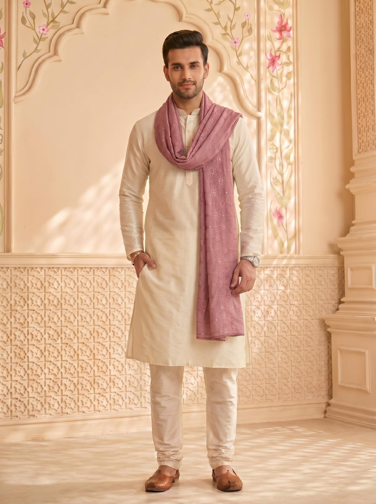 Floral Self Embroidered Chanderi Cotton Dupatta for Men | Dusty Pink