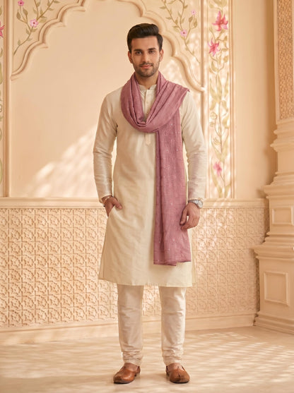 Floral Self Embroidered Chanderi Cotton Dupatta for Men | Dusty Pink