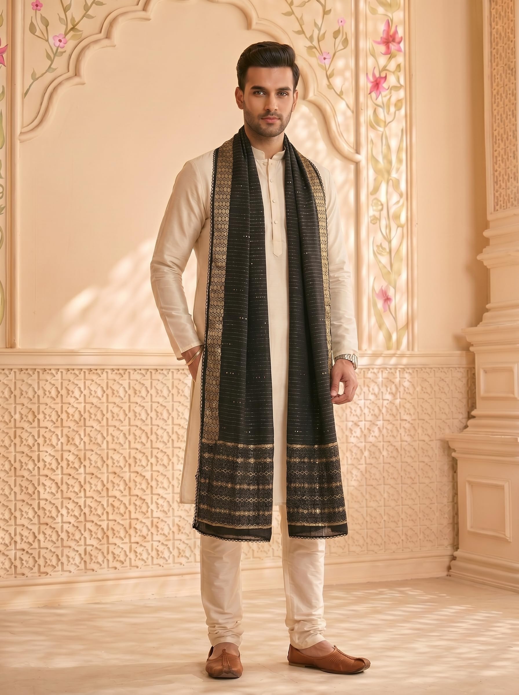 Zari Woven Chanderi Cotton Dupatta for Men | Black - view 4