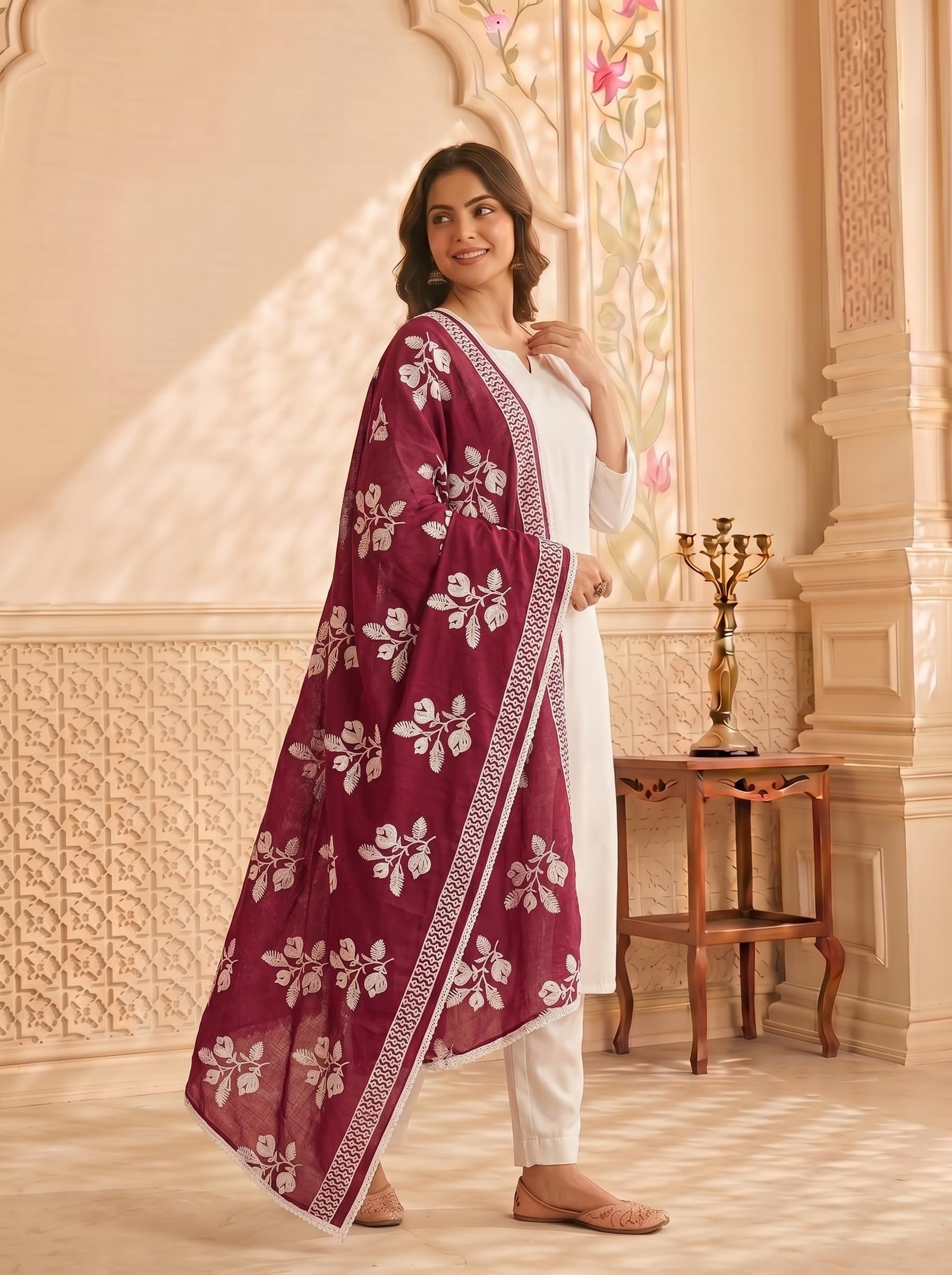 Pure Cotton Floral Embroidered Dupatta for Women | Pink - view 2