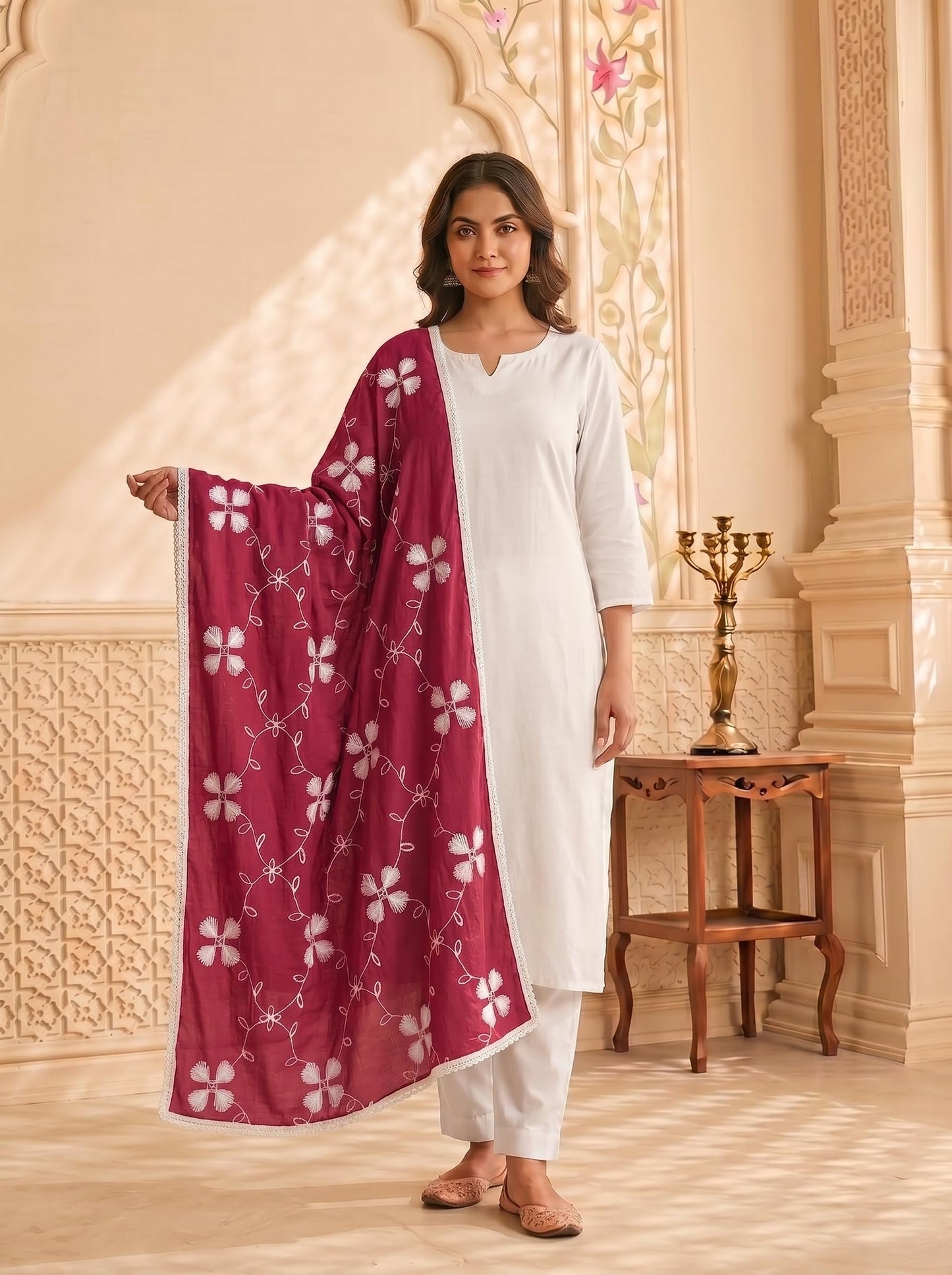 Pure Cotton Floral Embroidery Dupatta for Women | Pink