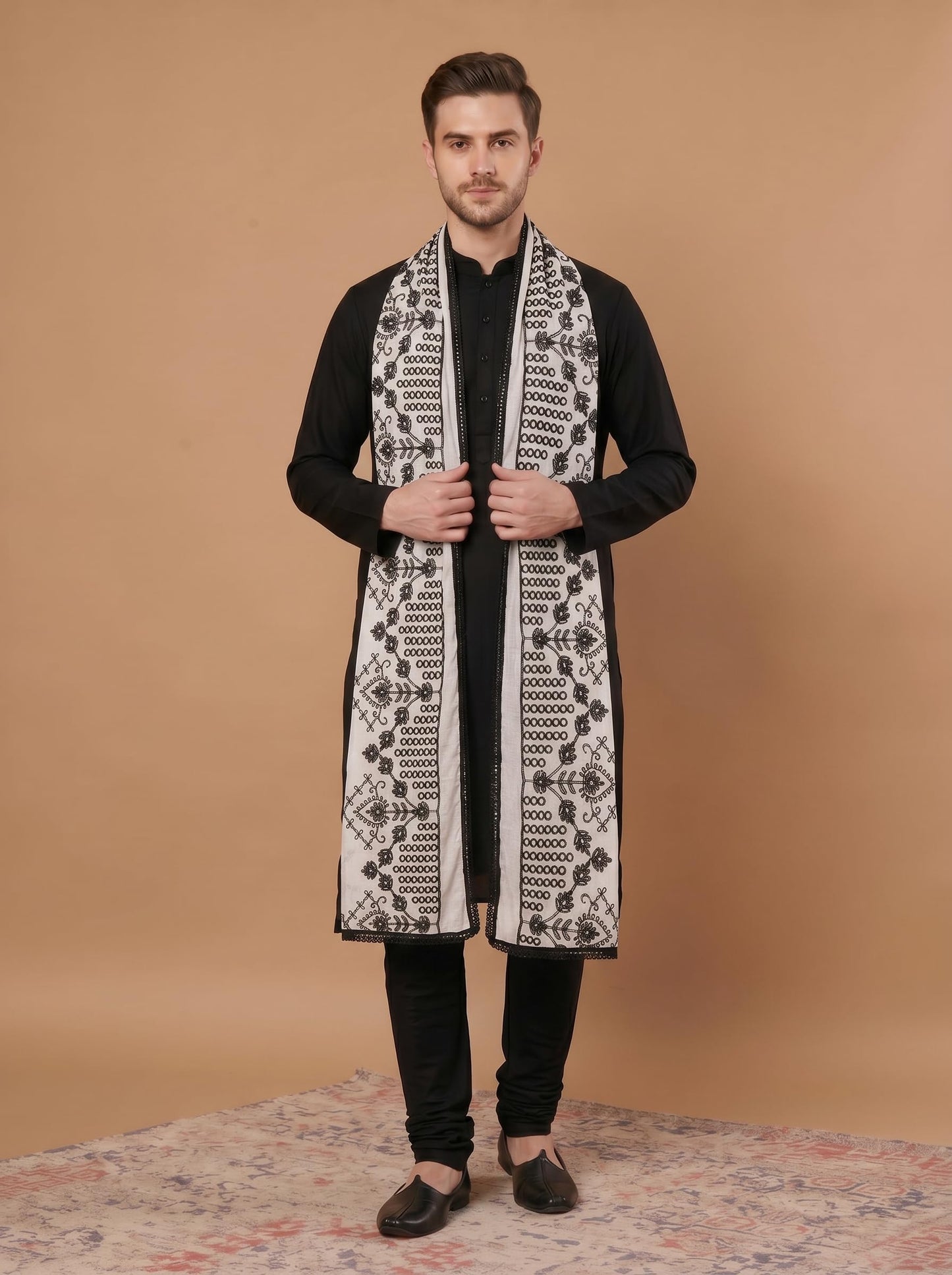 Pure Cotton Cross Embroidery Dupatta for Men | White