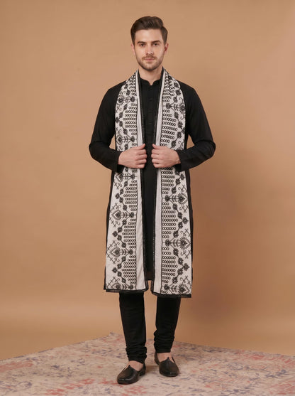 Pure Cotton Cross Embroidery Dupatta for Men | White