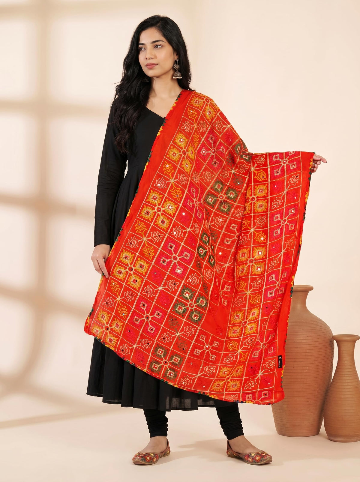 Pure Cotton Phulkari Embroidered Dupatta for Women | Red