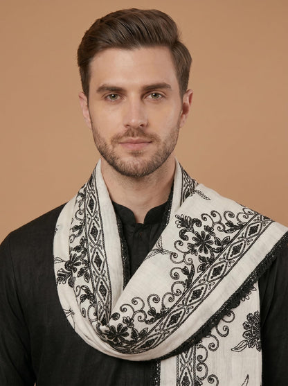 Pure Cotton Floral Embroidery Dupatta for Men | White - view 4