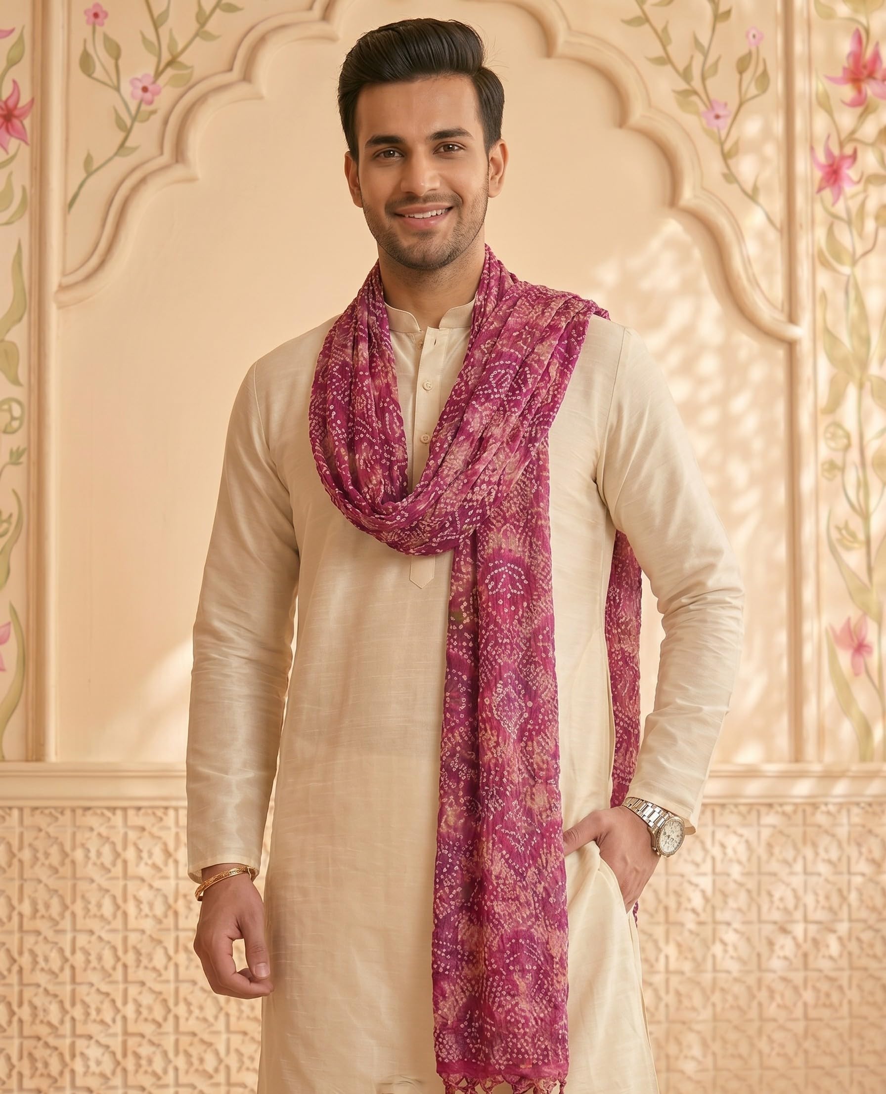 Chinnon Bandhani Dupatta for Men | Purple Pink - view 3