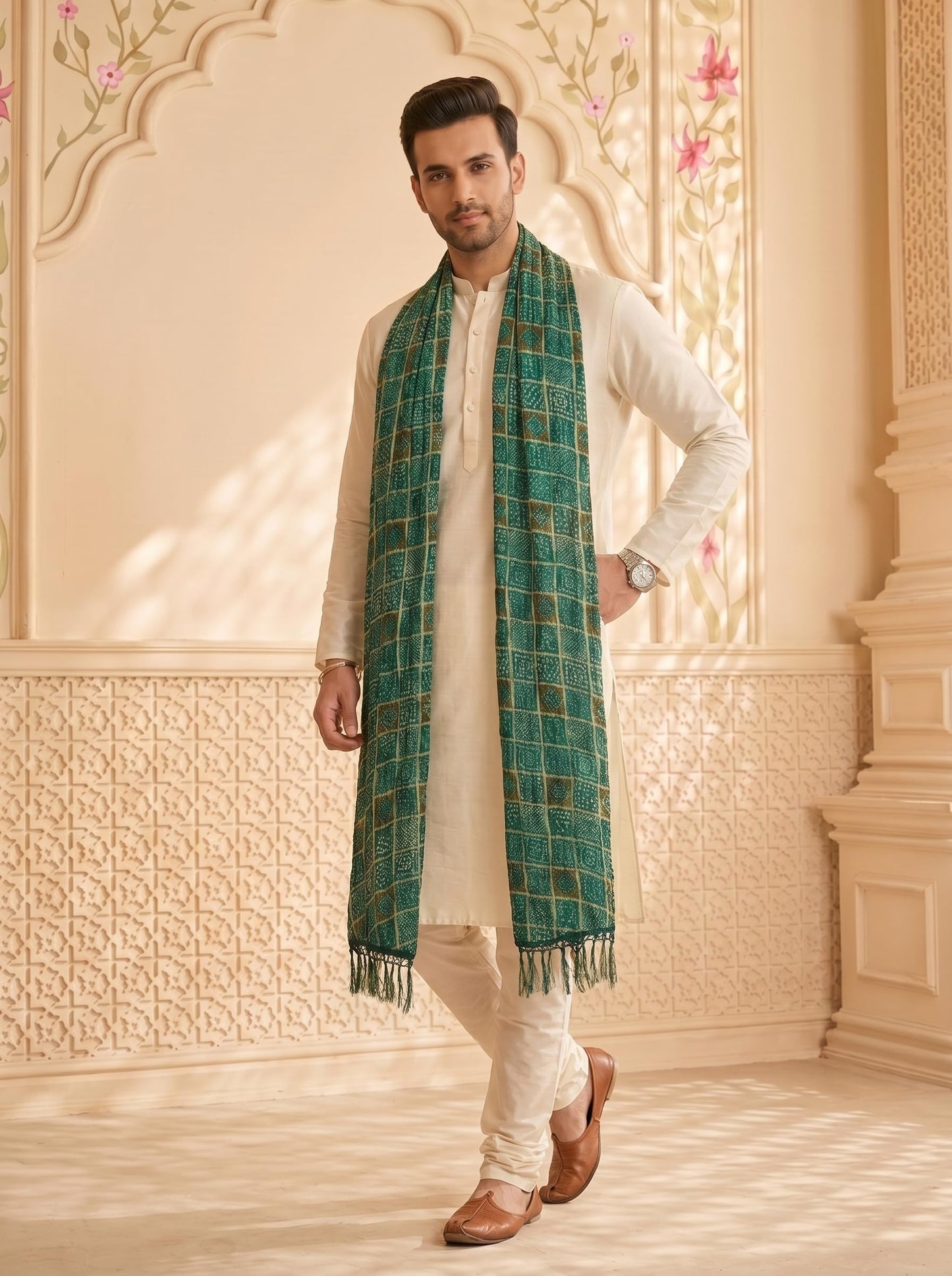 Chinnon Bandhani Dupatta for Men | Green