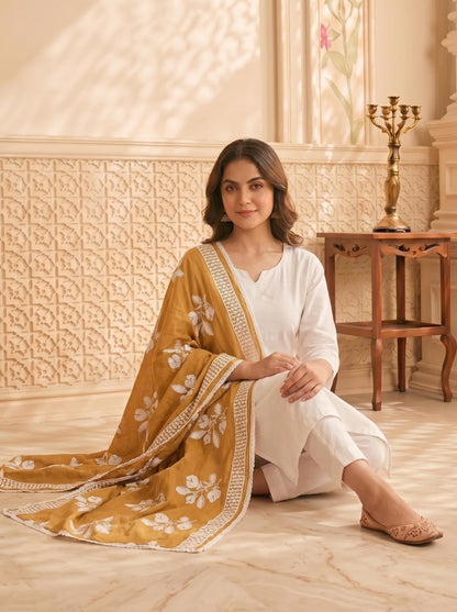 Pure Cotton Floral Embroidered Dupatta for Women | Sand Beige - view 6