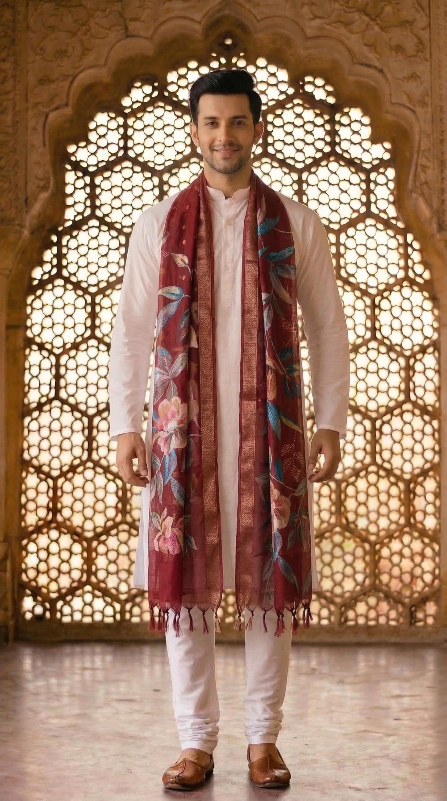 Floral Print Dupatta for Men with Zari Border | Maroon