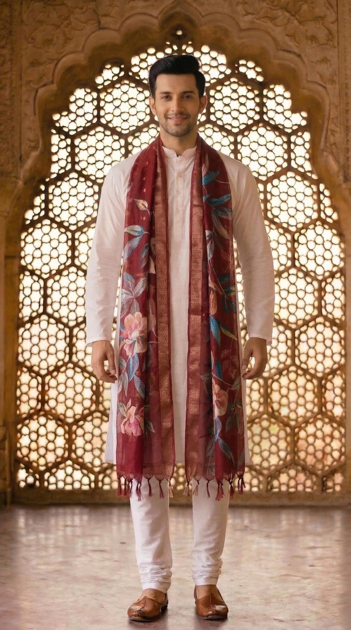 Floral Print Dupatta for Men with Zari Border | Maroon