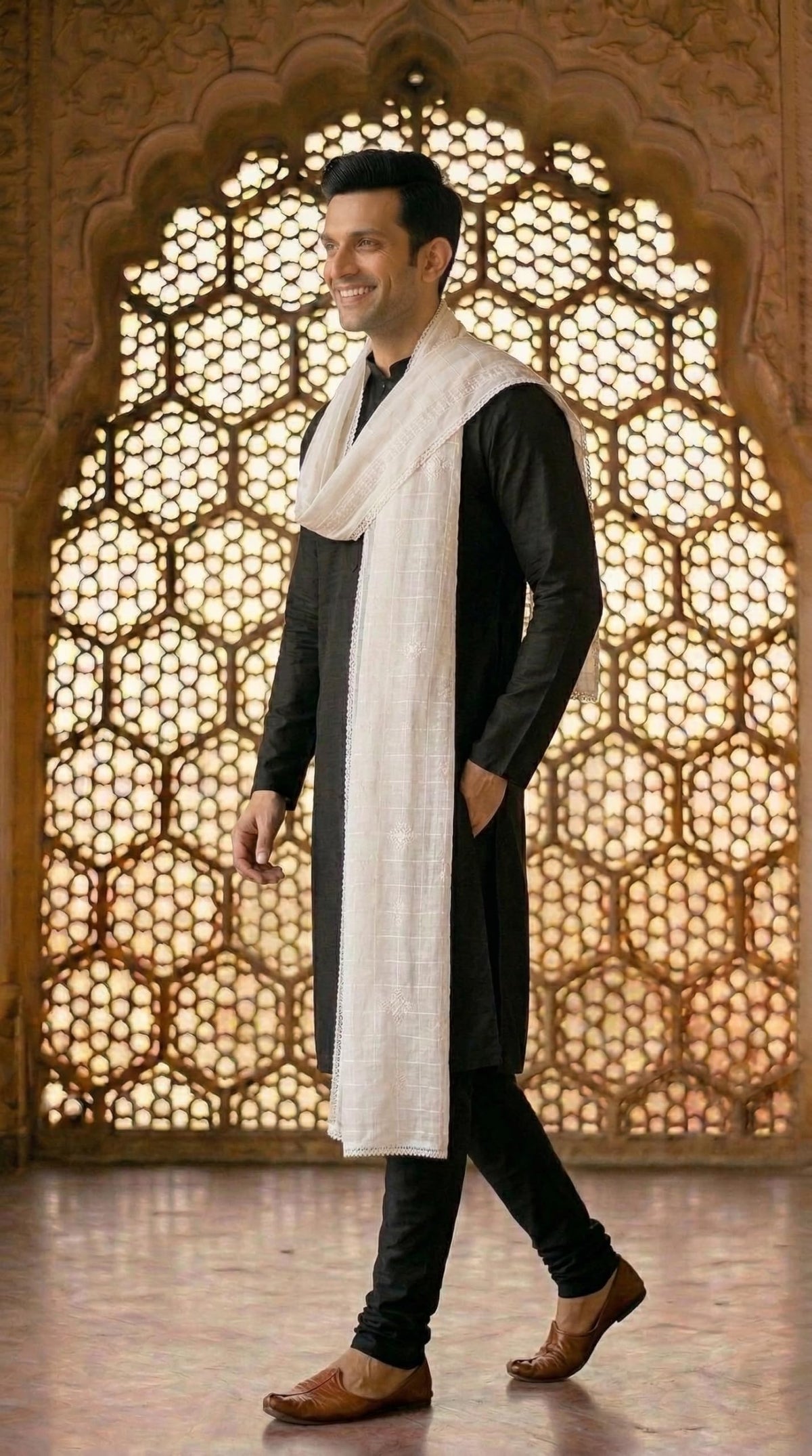Pure Cotton Self Embroidery Dupatta for Men | White - view 3