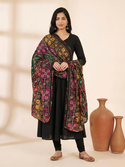 Pure Cotton Phulkari Embroidered Dupatta for Women | Black - view 4