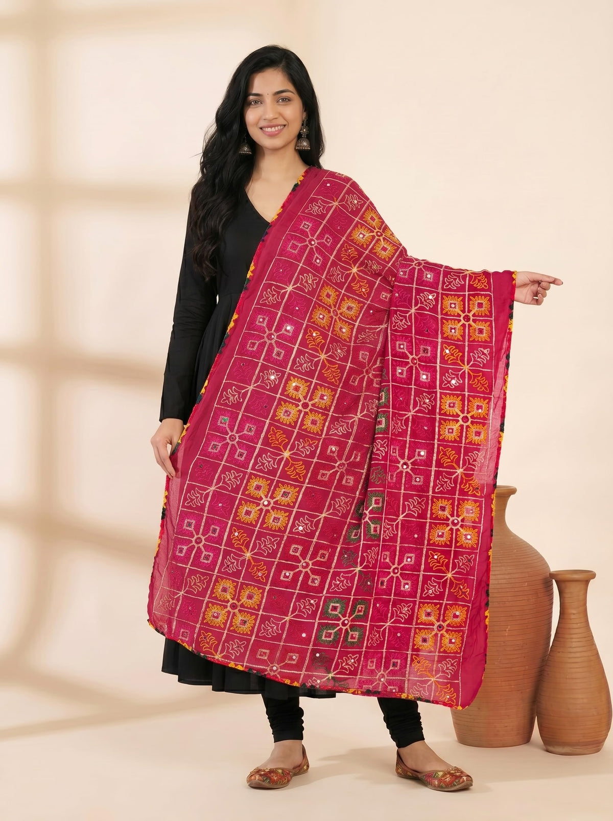 Pure Cotton Phulkari Embroidered Dupatta for Women | Pink