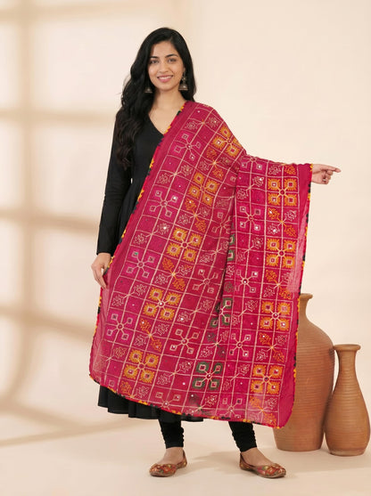 Pure Cotton Phulkari Embroidered Dupatta for Women | Pink
