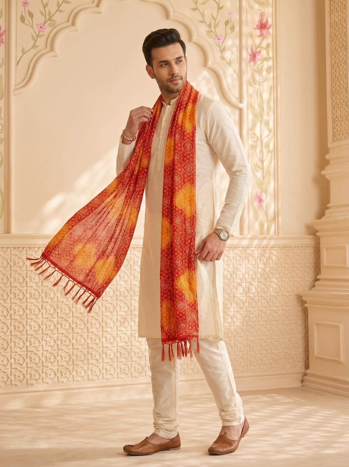 Chinnon Bandhani Dupatta for Men | Red Orange - view 3