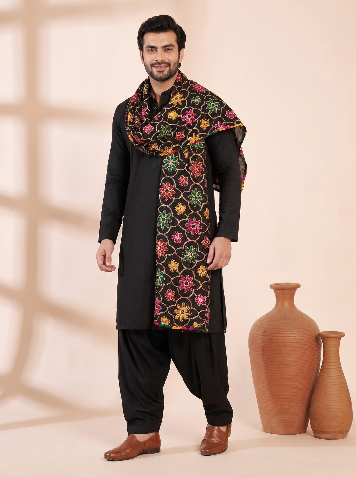 Pure Cotton Embroidered Phulkari Dupatta for Men | Black - view 5
